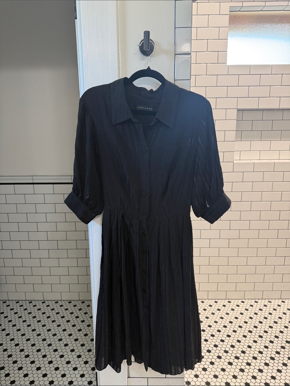 Adrianna Black 100% Silk Button-Front Midi Shirt Dress